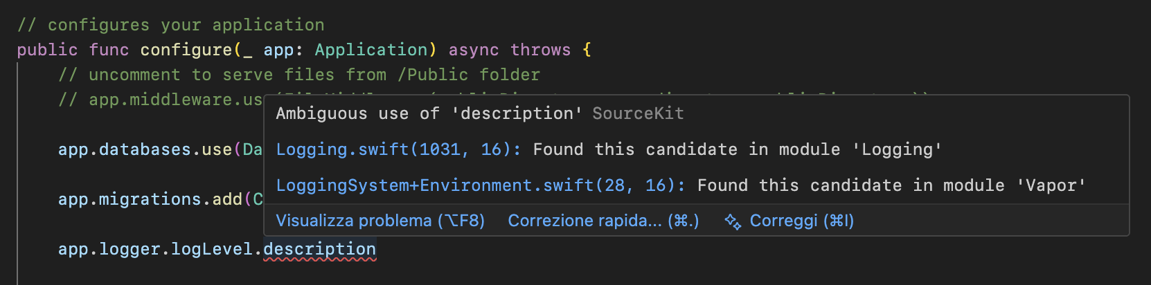 Vapor error screenshot